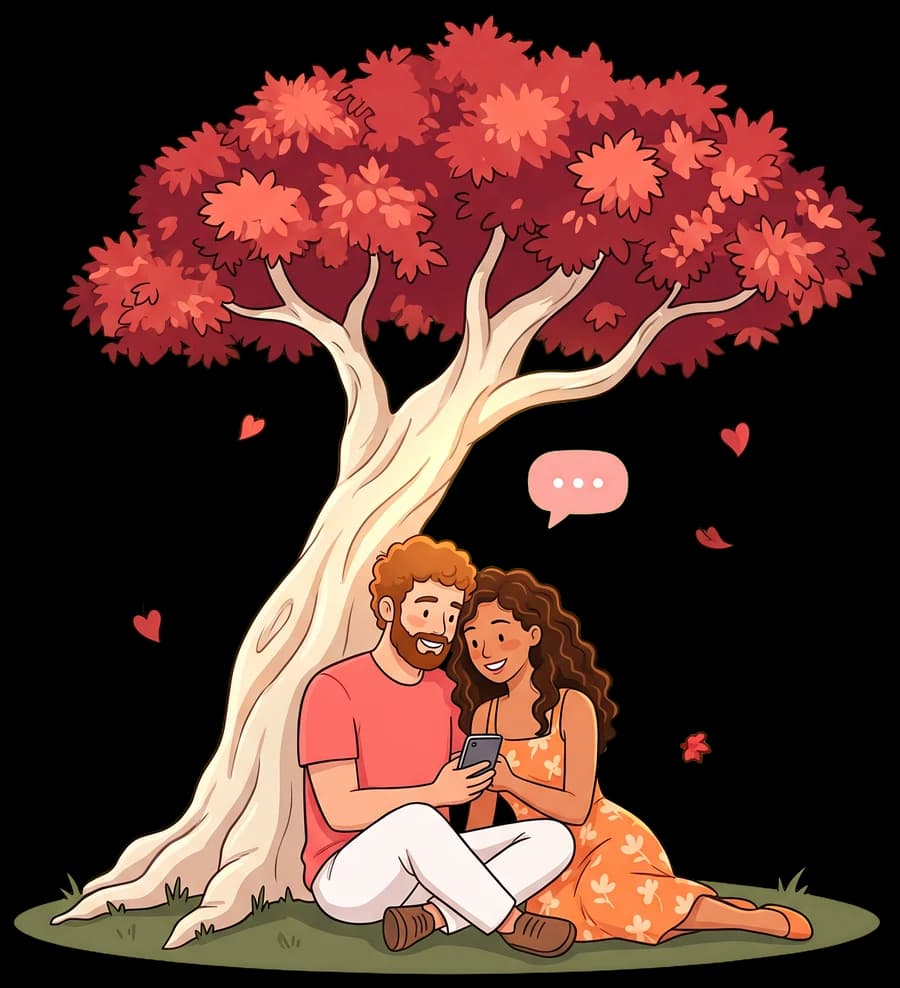 Alma, the tree of your virtual home, above a couple looking at a phone together