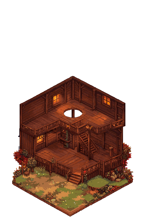 A couple's virtual home in Tilia: a house in a big red tree, with a library, a garden and a koi pond
